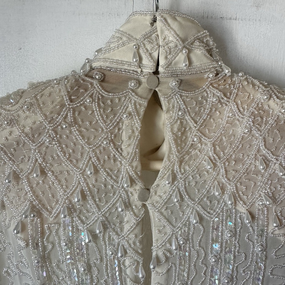 1980s Edwardian Style Heavily Beaded Lillie Ruben Silk Wedding Formal Gown Small - Picture 3 of 16